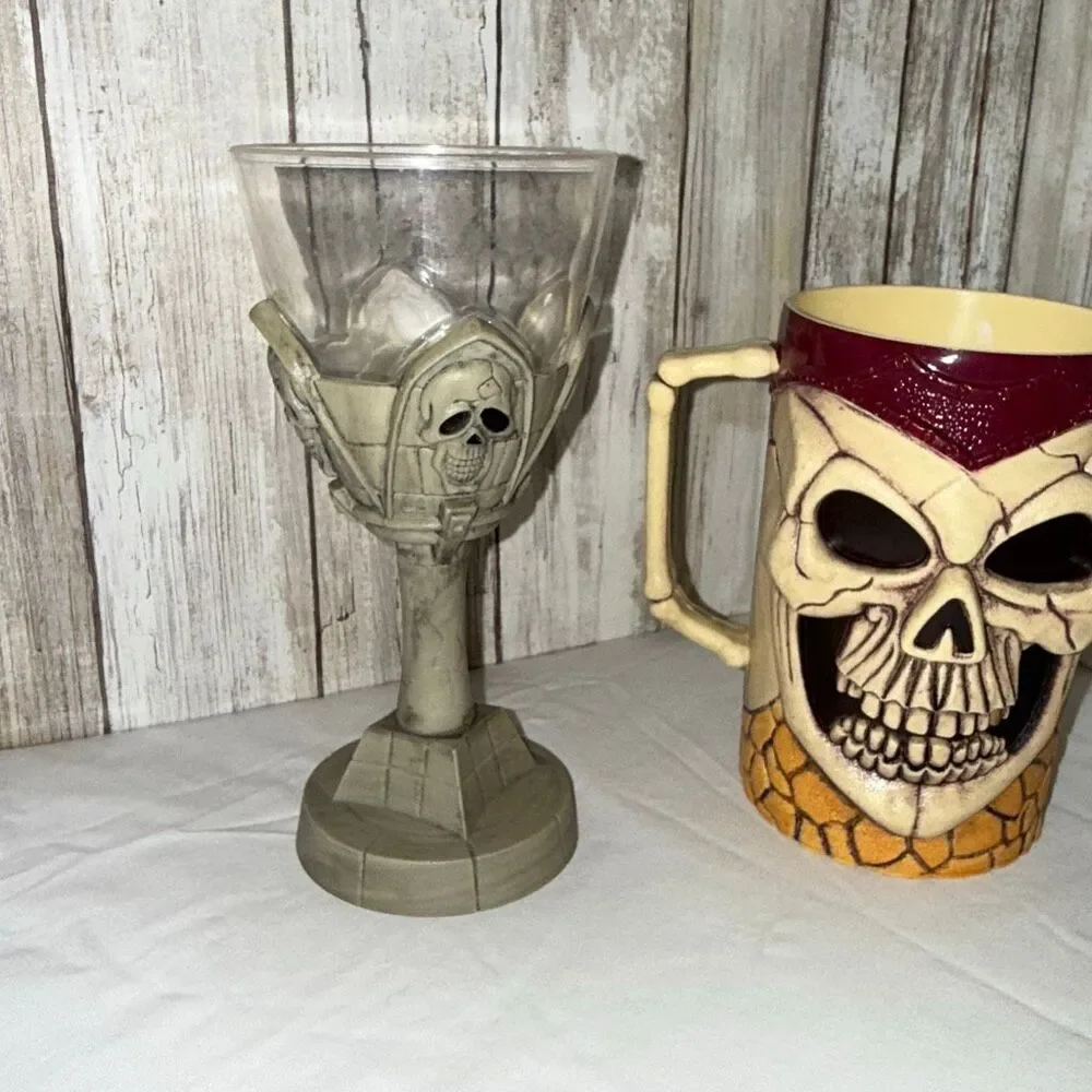Gothic Skull Mug & Chalice Set | Halloween Pirate Drinkware Trio | Resin & Ceram